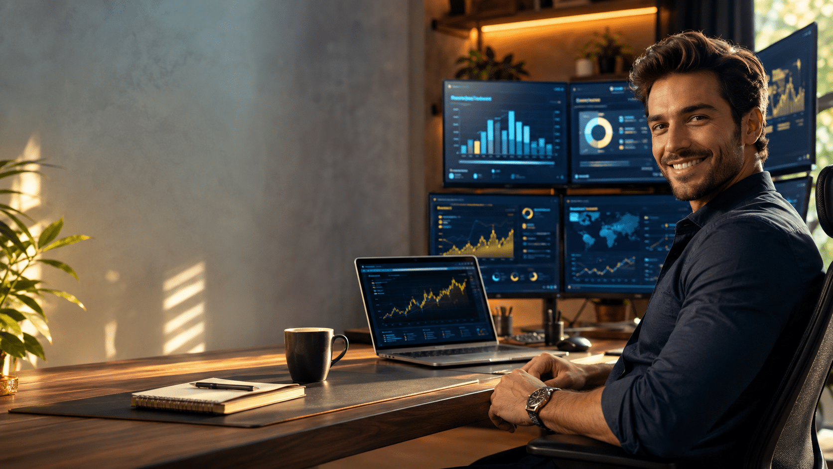 Highest-Earning Bloggers working in a modern office with blogging analytics, affiliate income dashboards, and digital marketing tools.